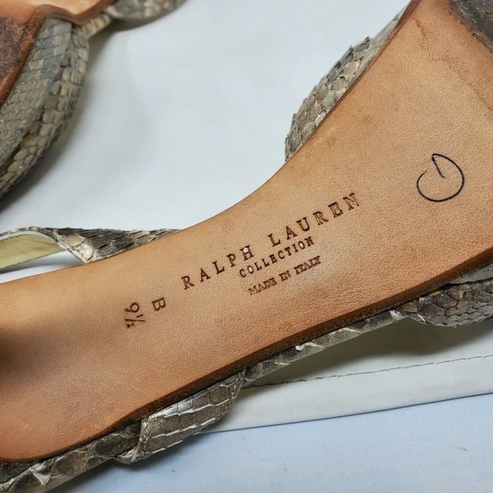 Ralph Lauren Snake Print Buckle Metallic Heels